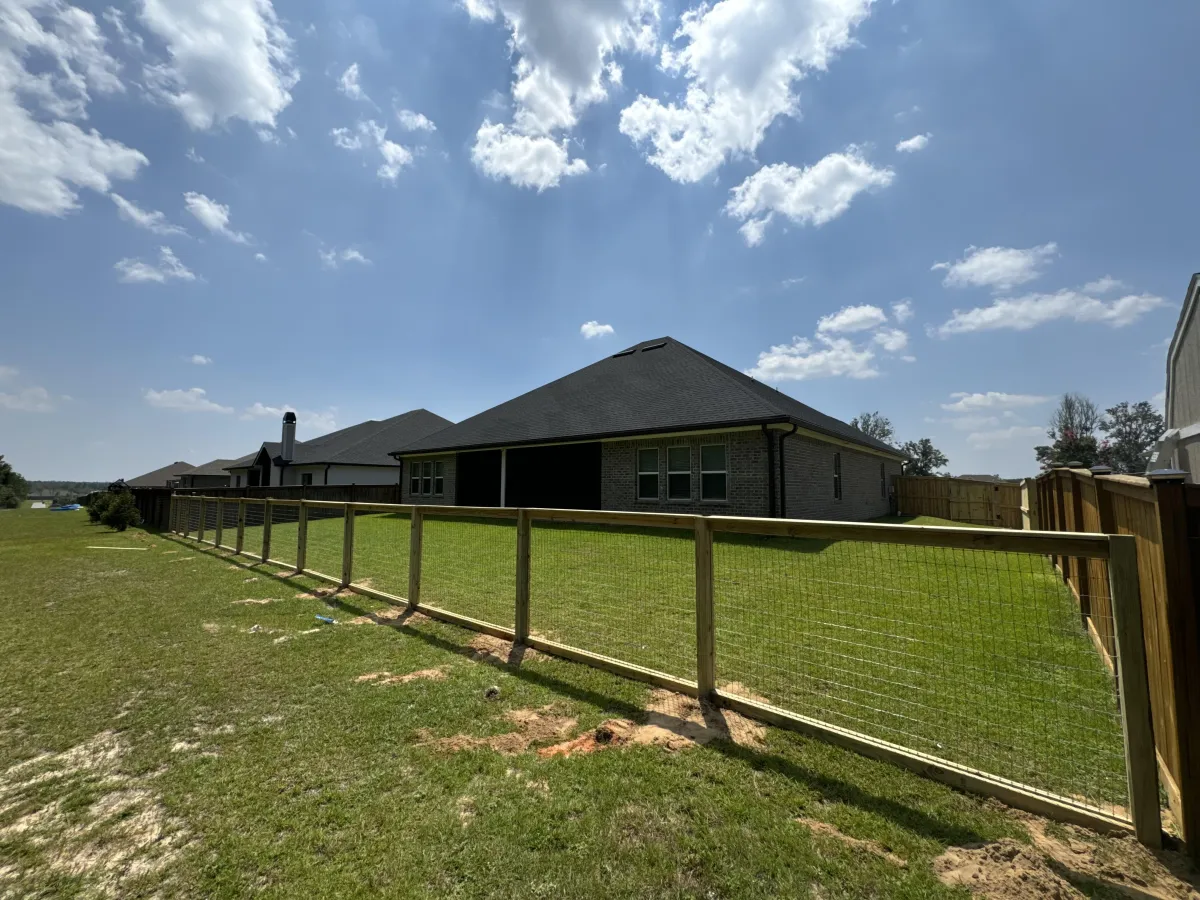 Newly installed wooden privacy fence alongside a grassy area, with palm trees and a clear blue sky in the background, showcasing Sorrells Fencing's custom fencing solutions.
