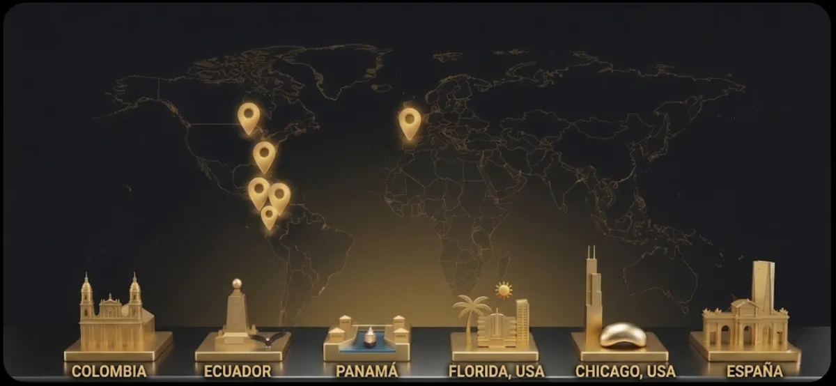 Mapa mundial monocromático con nodos de inversión en Colombia, Estados Unidos y Europa