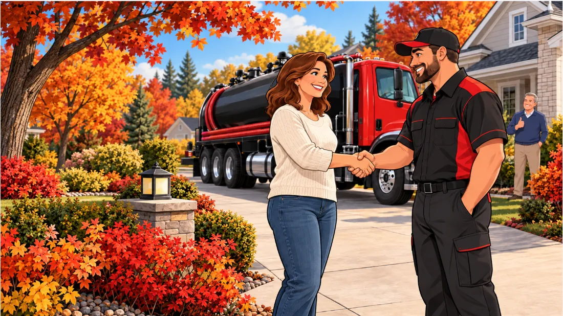Cartoon illustration of a happy homeowner shaking hands with a septic technician beside a service truck