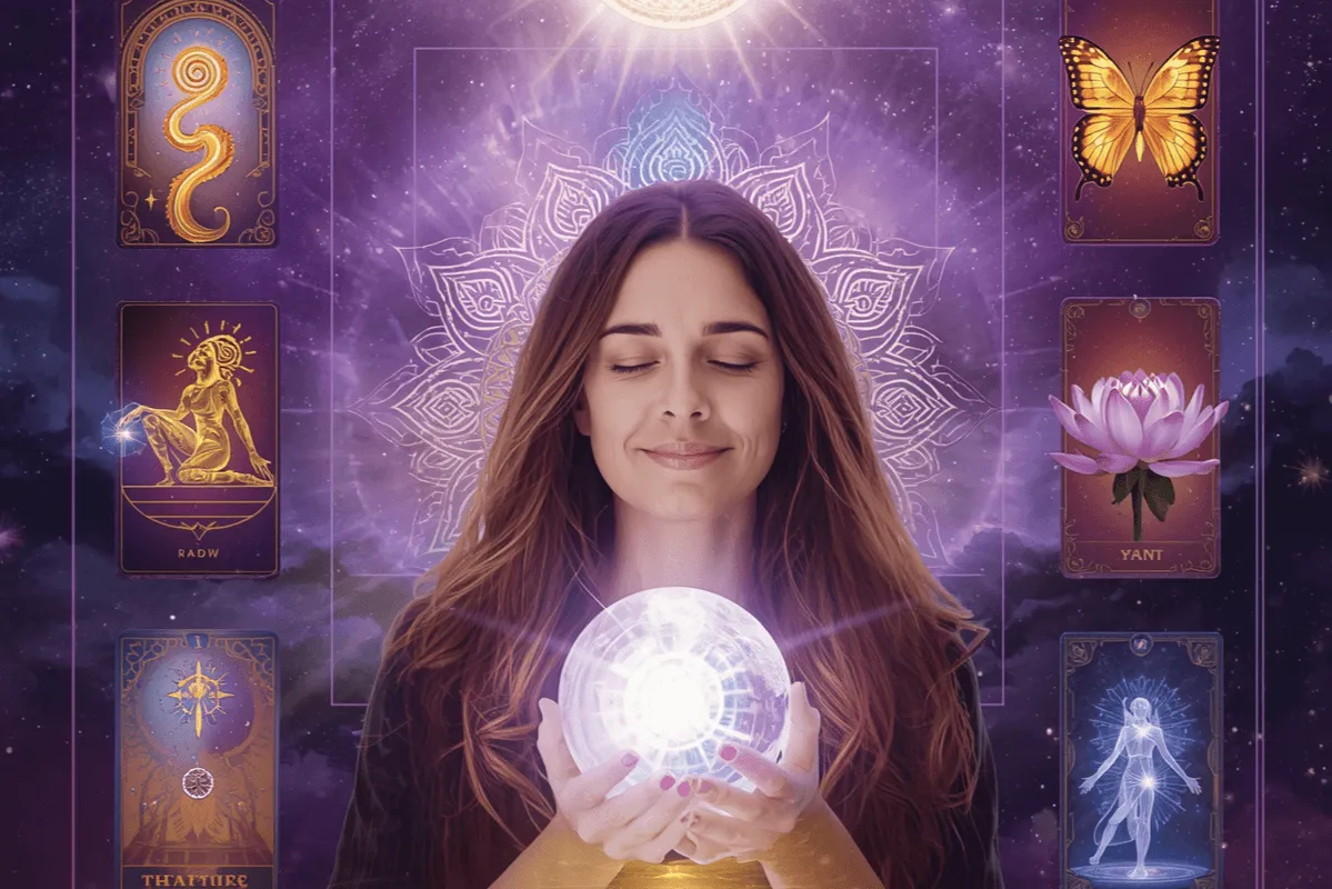 Femme voyante en méditation tenant une boule de cristal lumineuse entourée de cartes de tarot et symboles spirituels pour le développement personnel