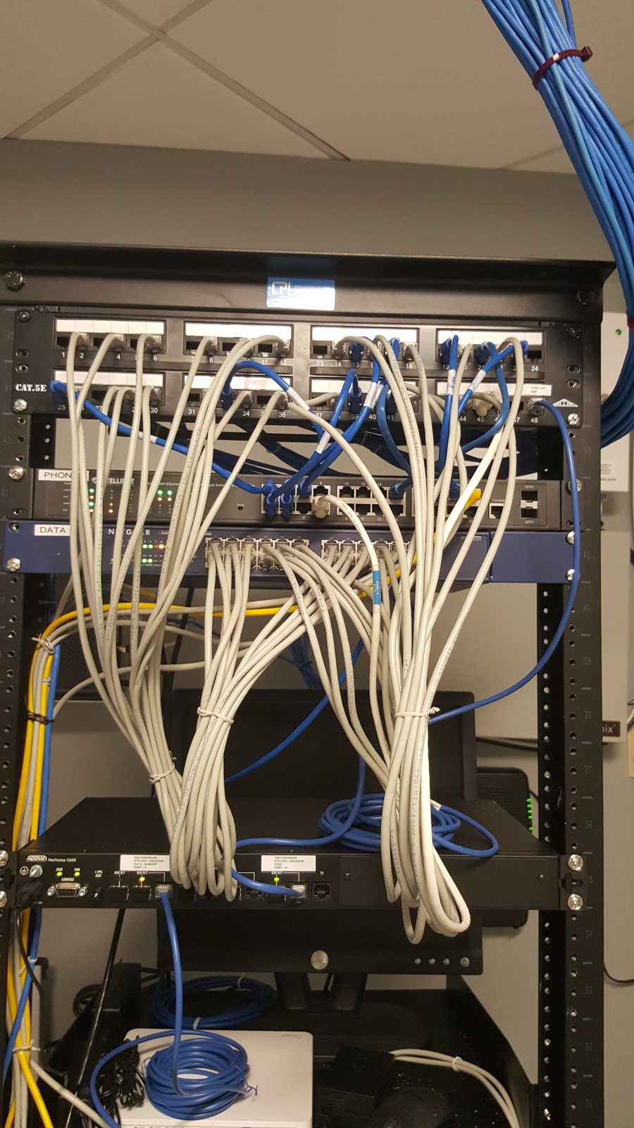 Floor rack white patch cords installed by All Soul Tech in Colorado
