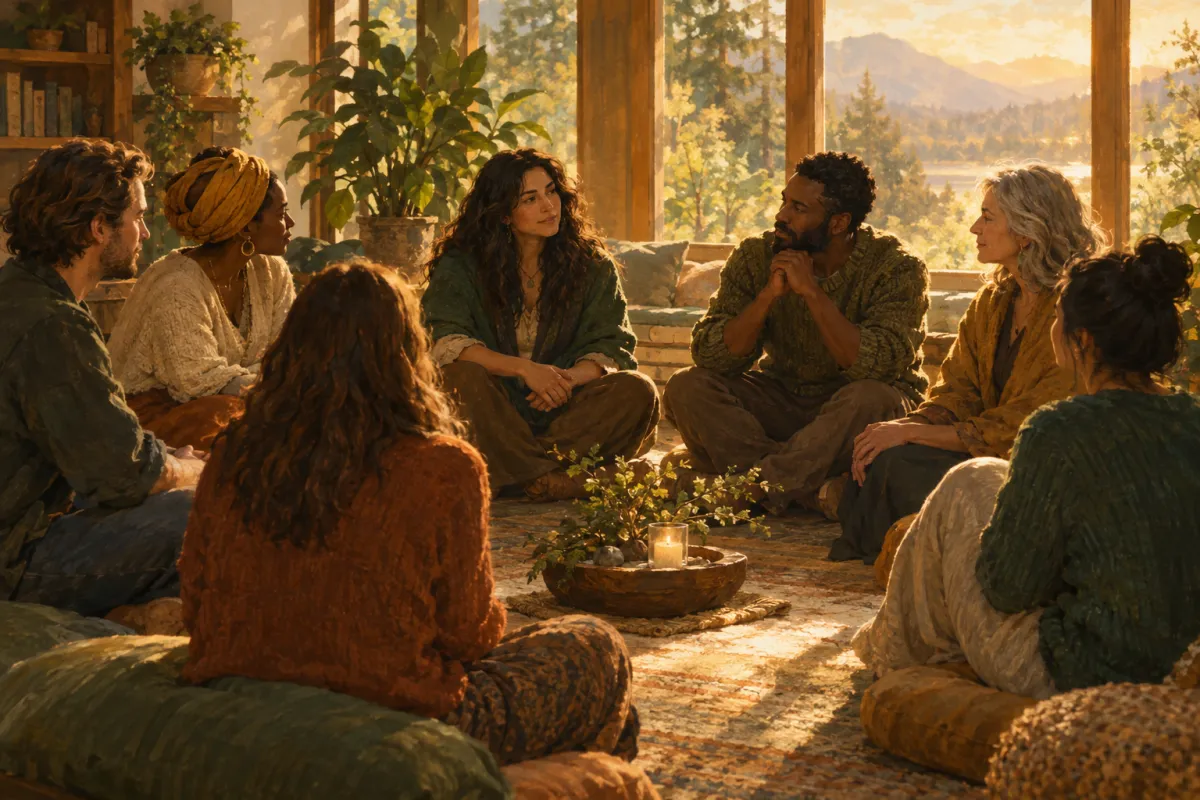 Illustration of ministry leaders gathered in a circle in a warm, sunlit room.