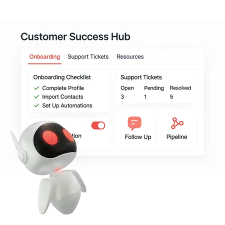 IRIS Customer Success Hub dashboard with onboarding checklist, support ticket summary, and follow up automation features