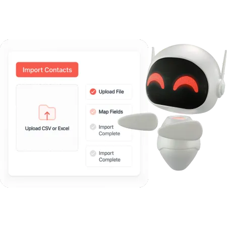 Import contacts interface showing CSV or Excel file upload and field mapping options