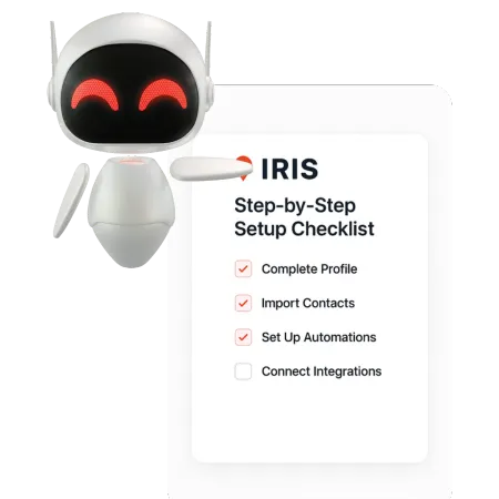 Onboarding checklist with steps for completing profile, importing contacts, and setting up automations