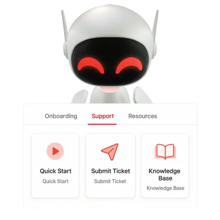 Dashboard interface with tabs for onboarding, support, resources, and cards labeled quick start, submit ticket, and knowledge base
