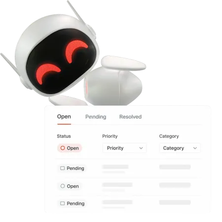 Support ticket management panel displaying ticket status columns such as open, pending, and resolved with priority and category filters