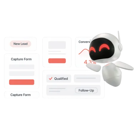 SaaS dashboard with lead capture forms, landing page cards, and conversion analytics panels for real estate CRM
