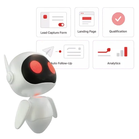 Feature panels highlighting lead capture forms, landing pages, qualification, auto follow-up, and analytics tools
