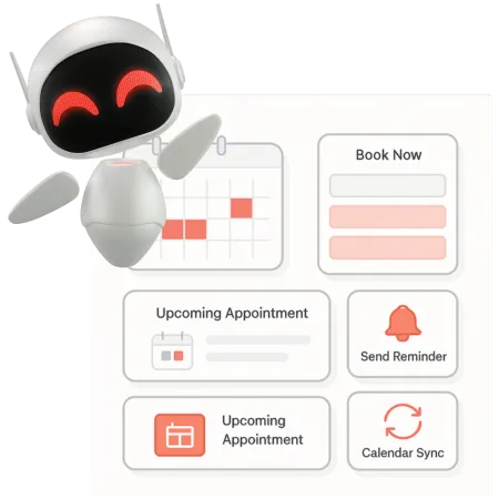 SaaS dashboard with calendar view, appointment slots, booking links, and automated reminder icons for real estate scheduling