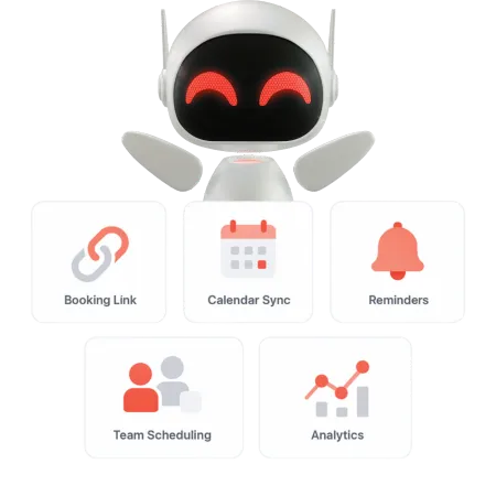 Feature panels highlighting booking links, calendar sync, reminders, team scheduling, and analytics tools for appointment management