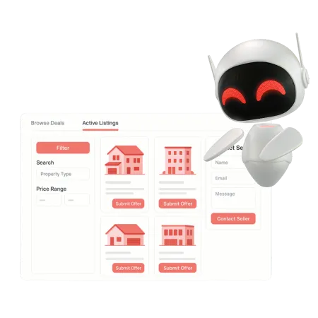 SaaS dashboard showing real estate deal cards, search filters, and contact options for a public buyer portal