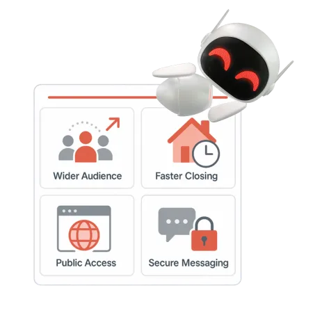 Dashboard illustration highlighting wider audience, faster closings, public access, and secure messaging benefits