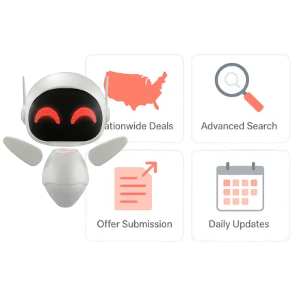 Feature cards showing nationwide deals, advanced search, secure messaging, offer submission, and daily updates