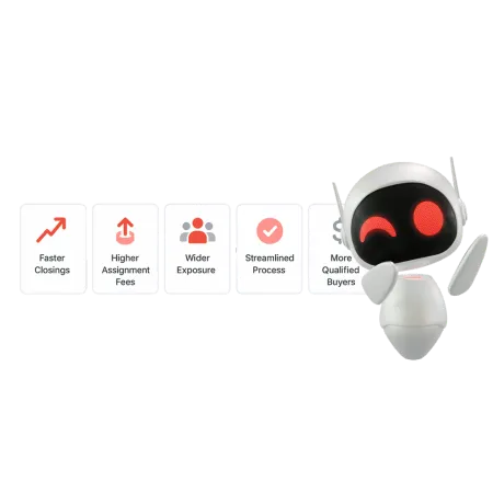 Outcome cards representing faster closings, higher assignment fees, wider exposure, streamlined process, and more qualified buyers