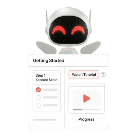 Onboarding training series dashboard with step-by-step video walkthroughs and checklist progress for new users