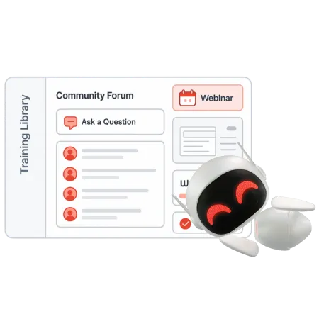 SaaS dashboard illustration with community forum panel, training library sidebar, and webinar calendar for real estate investor education and peer support
