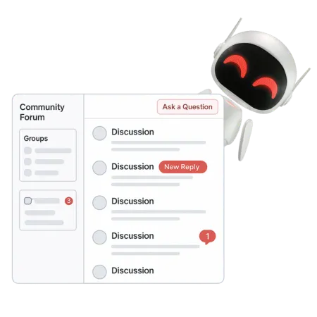 Community forum dashboard with discussion threads, sidebar of active groups, and notification icons for real estate investors