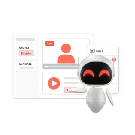 Webinar dashboard with calendar of upcoming events, live video player window, and Q&A chat panel for training and workshops