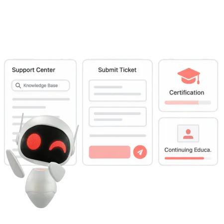 Support center dashboard with searchable knowledge base, ticket submission panel, and certification progress card for continuing education