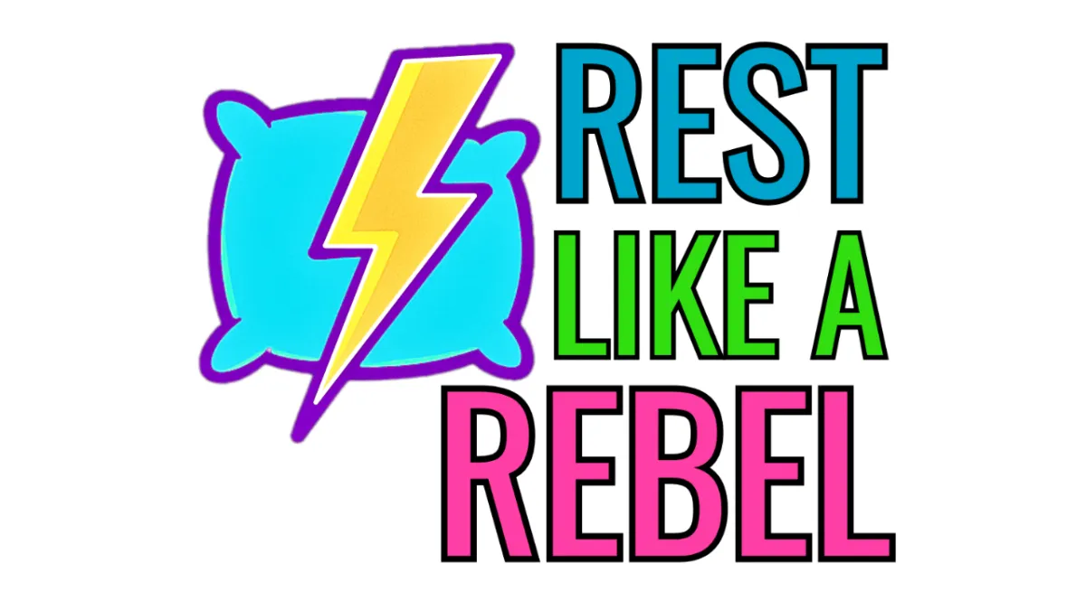 Graphic logo featuring a bright yellow lightning bolt striking through a blue pillow, next to bold block text that reads ‘Rest Like a Rebel’ in blue, green, and pink