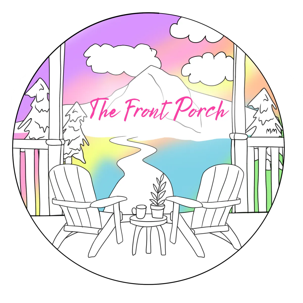 Illustration of two Adirondack chairs on a front porch overlooking mountains and water with "The Front Porch" written across the landscape. 