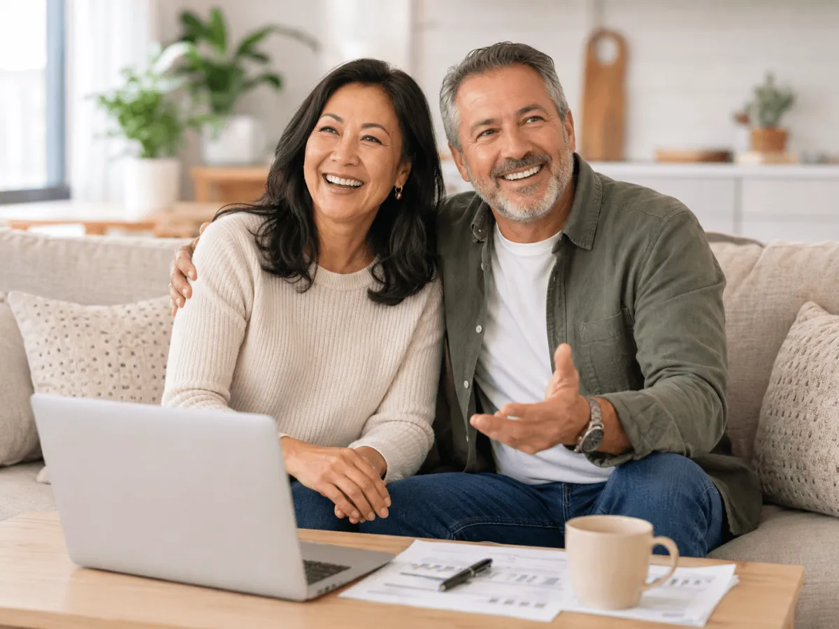 Smiling middle-aged couple sitting on a sofa with a laptop, financial documents, and coffee in a bright modern living room.