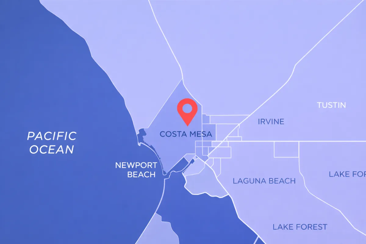 Simple map highlighting Costa Mesa and nearby Orange County cities served by Luxe Detailing
