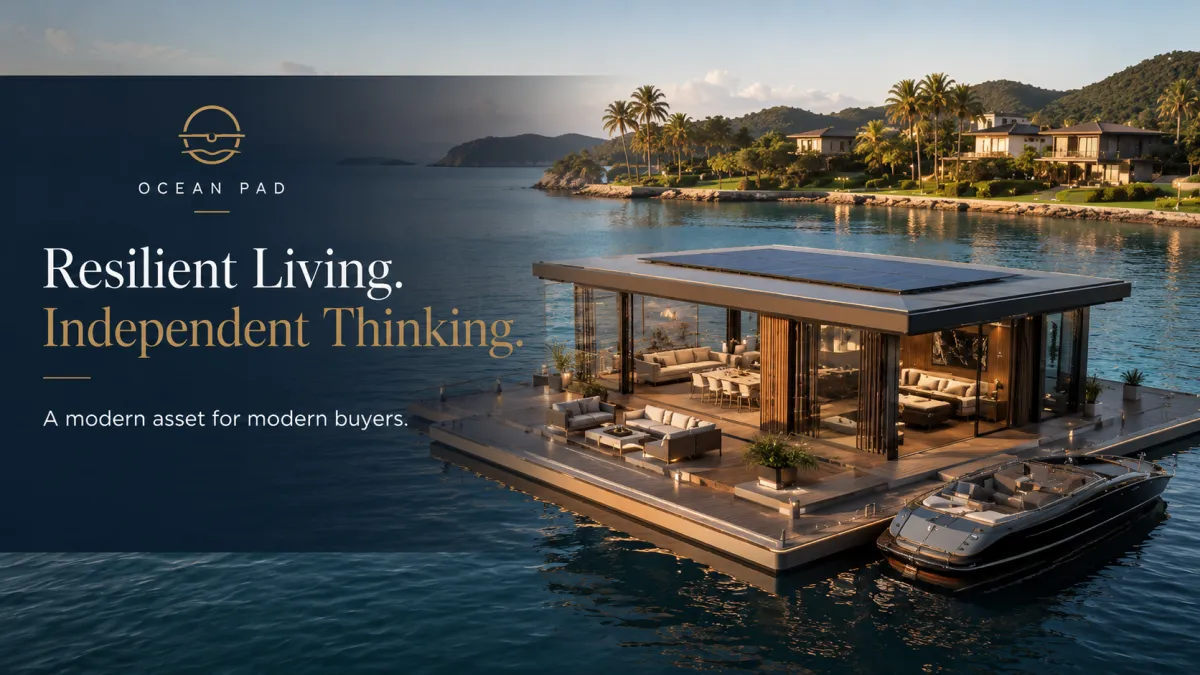 Modern Ocean Pad floating residence with solar-ready design, waterfront access, and resilient independent living features.