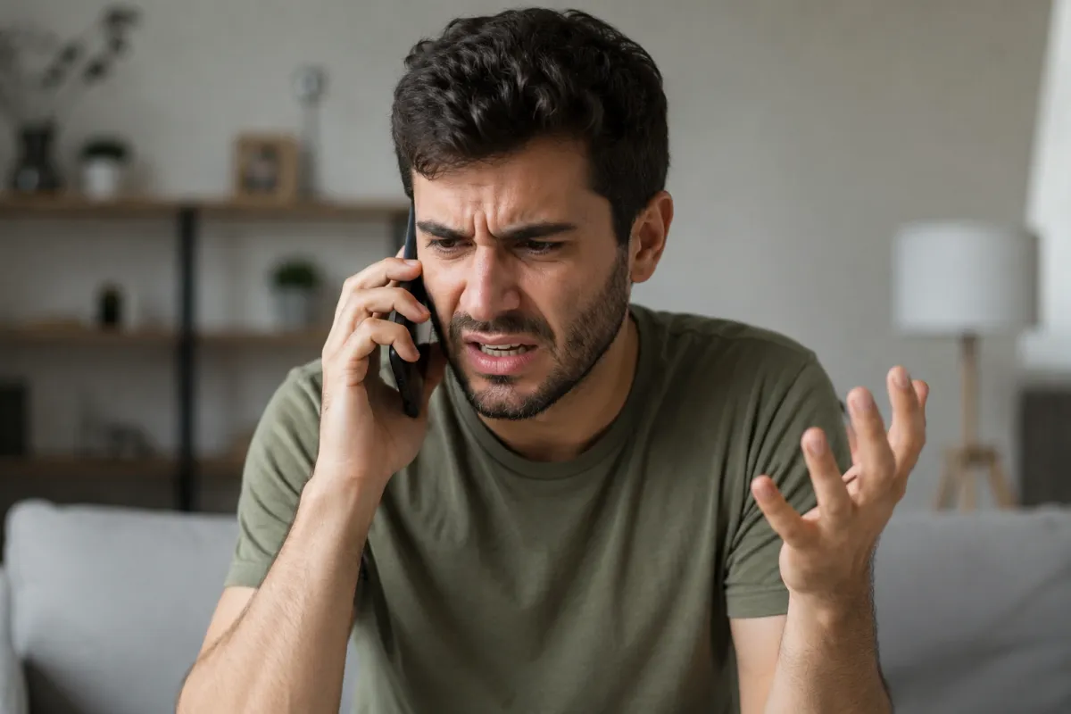 Profesional en entorno de oficina sosteniendo un teléfono móvil junto a la oreja mientras realiza una llamada, con expresión atenta y postura formal