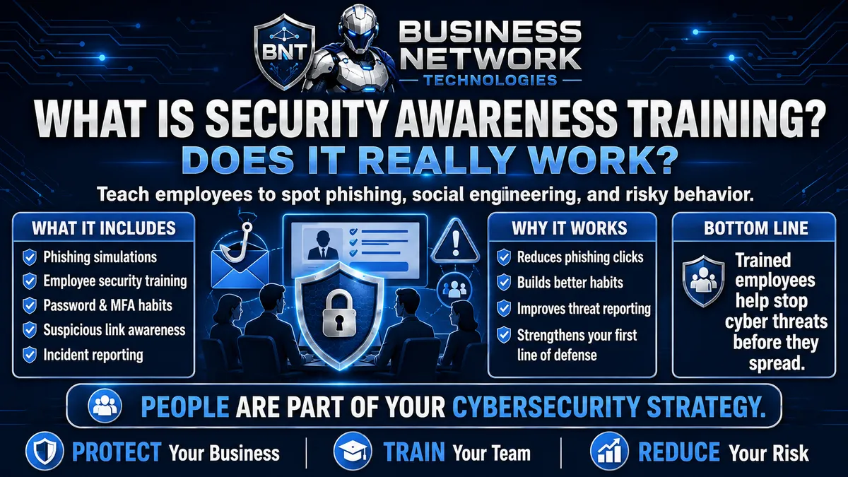 Business Network Technologies security awareness training infographic covering phishing simulations, employee cybersecurity training, MFA, password security, suspicious links, incident reporting, and social engineering protection.