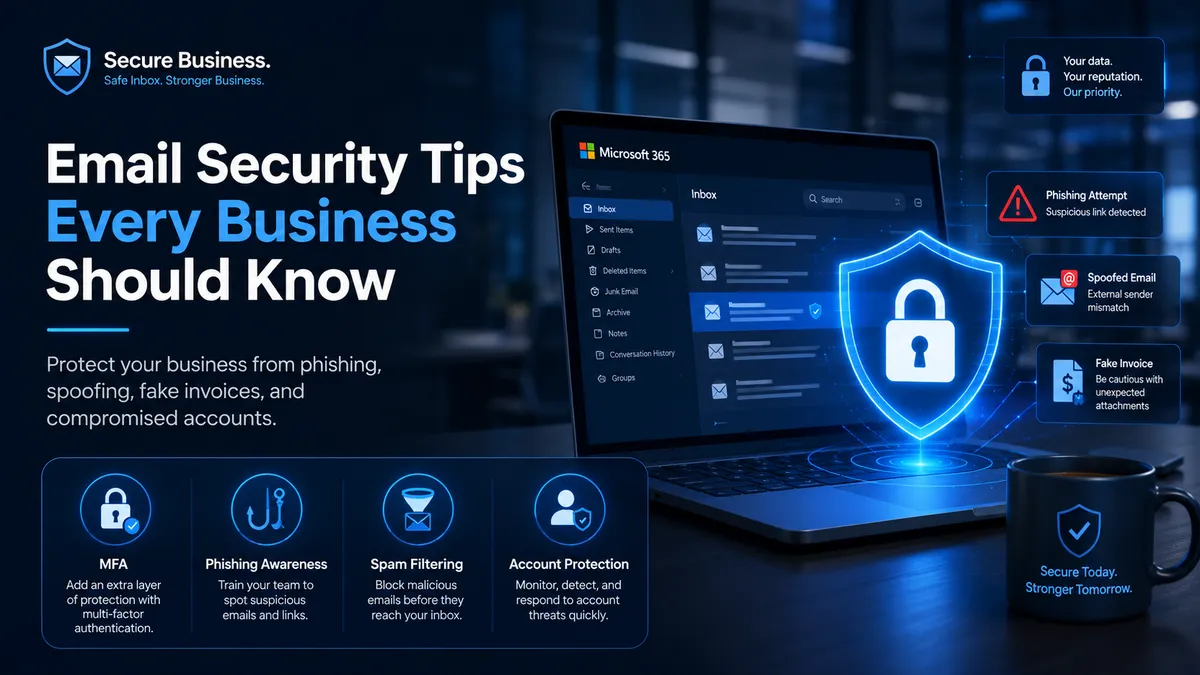 Business email security tips showing a Microsoft 365 inbox with a shield, phishing alerts, MFA, spam filtering, and account protection.