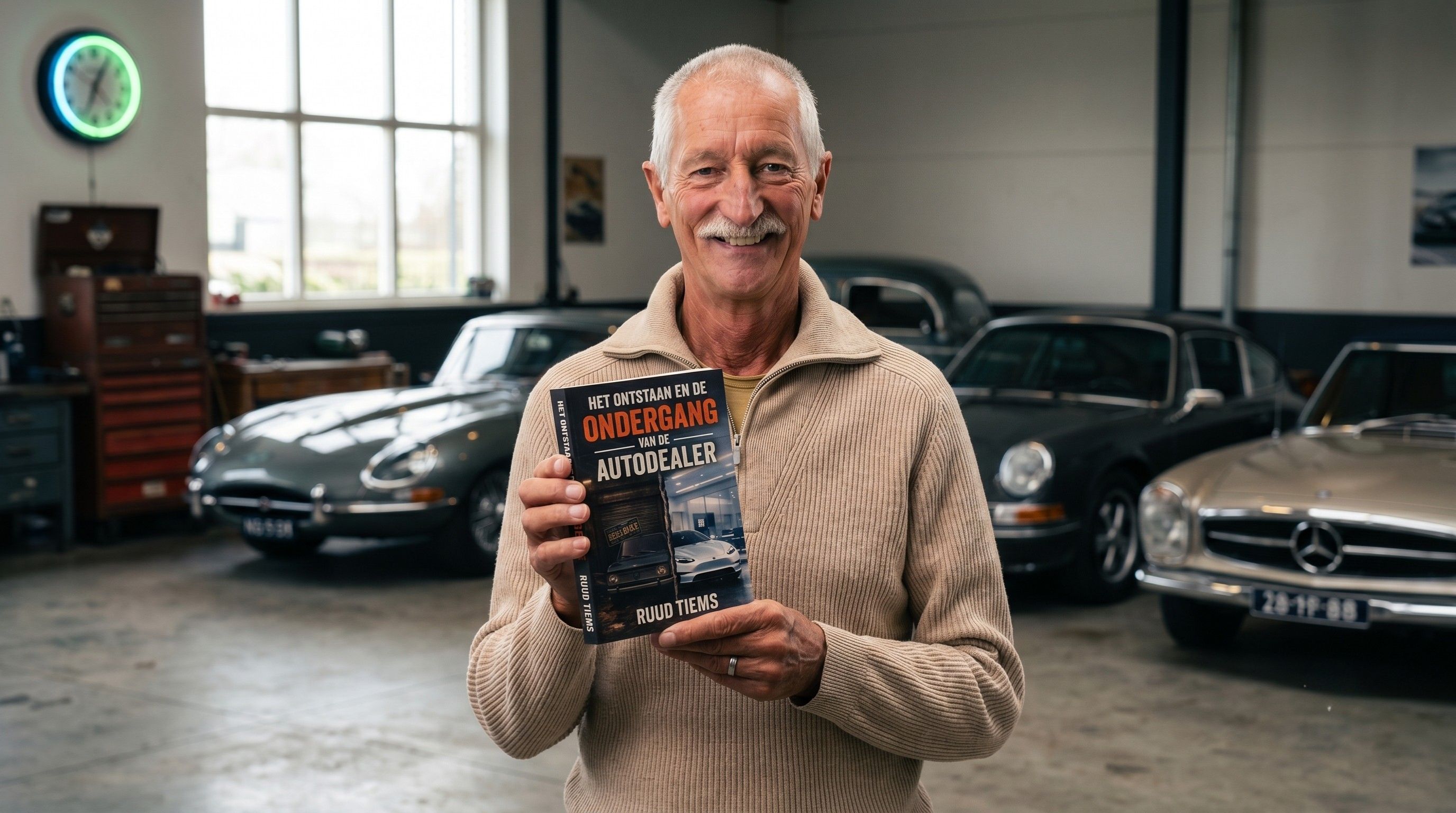 Ruud Tiems toont trots het fysieke hardcover boek Het ontstaan en de ondergang van de autodealer in een klassieke garage.