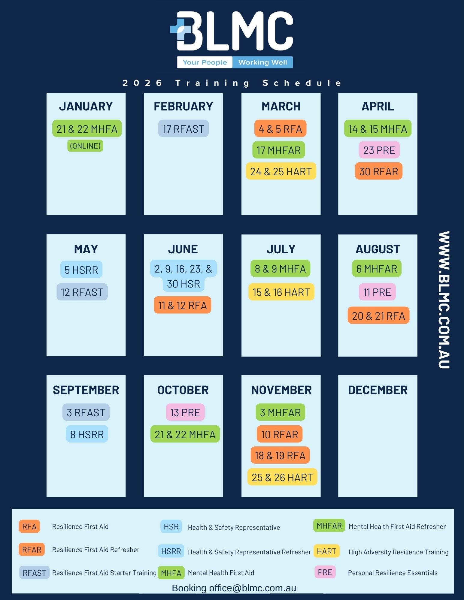 BLMC 2026 workplace training calendar for regional NSW and Victoria