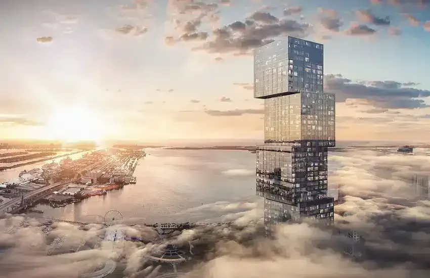 One Twenty Bayside exterior daytime render with palm trees and entry plaza, 3:2 landscape for grid consistency.