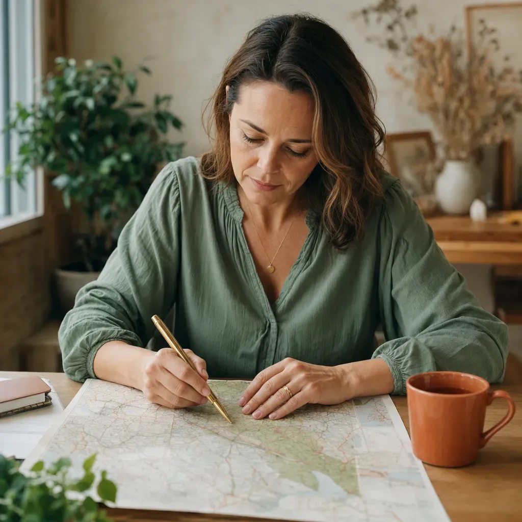 Woman in her 40s tracing a fertility map with a gold pen at a sunlit desk