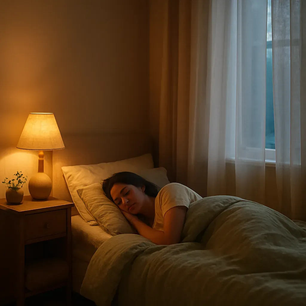 A dusk bedroom lit by a lamp — overnight repair, cortisol and melatonin rhythm