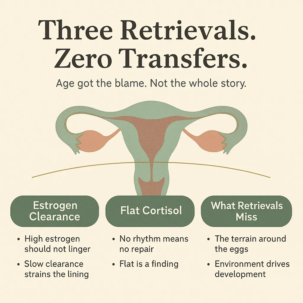 Infographic: Three Retrievals, Zero Transfers — estrogen clearance, flat cortisol, the terrain retrievals miss