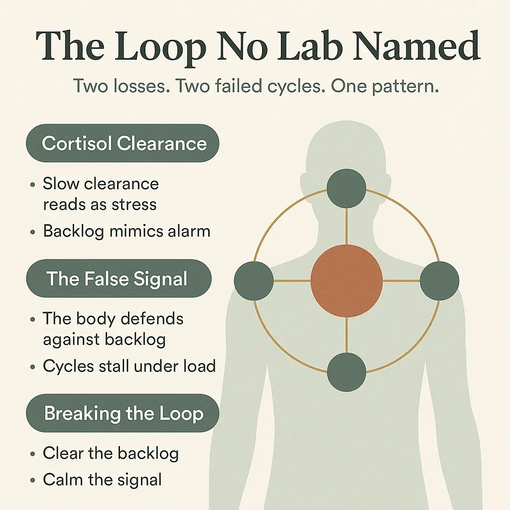 Infographic: The Loop No Lab Named — cortisol clearance, false stress signals, cycles stalling under load