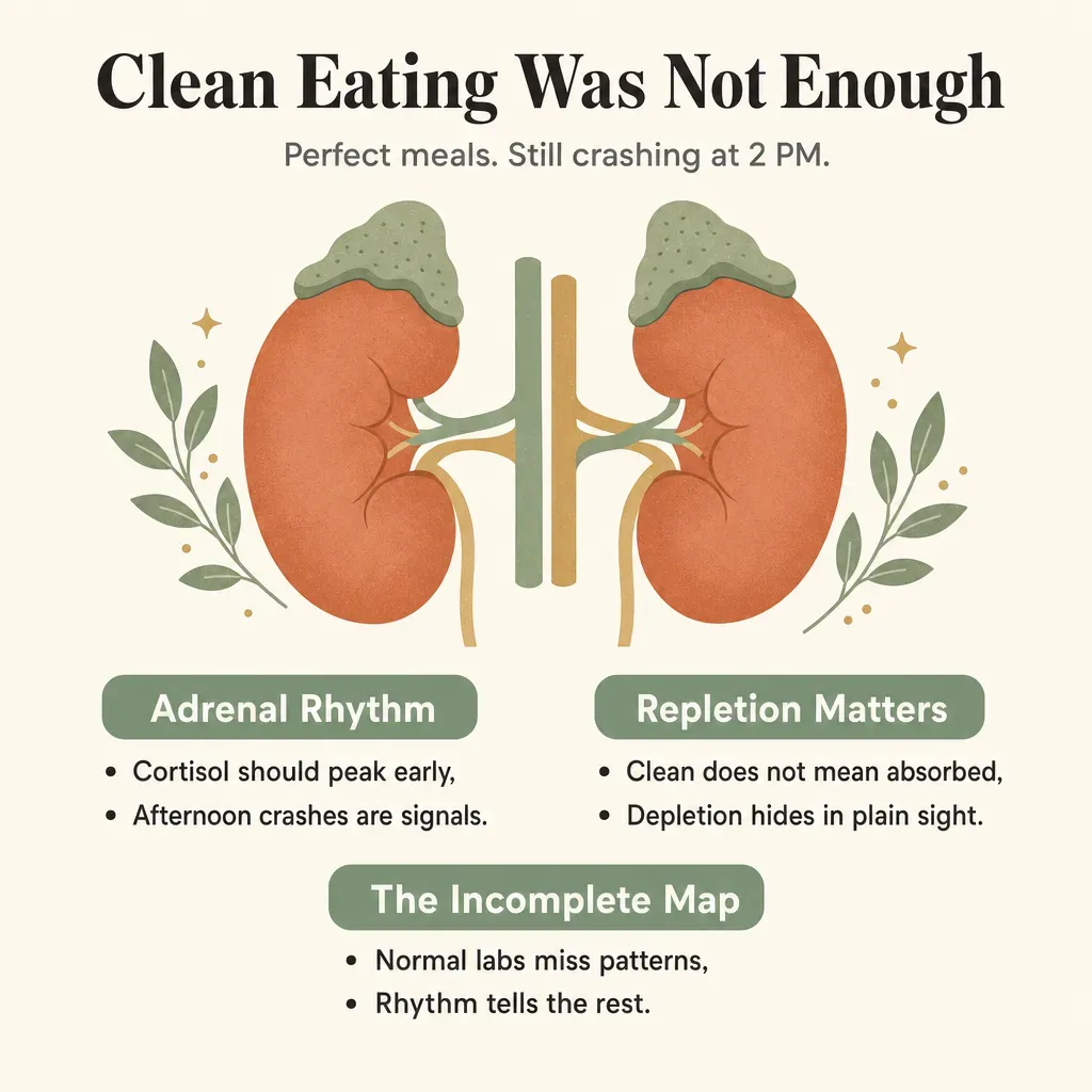 Infographic: Clean Eating Was Not Enough — adrenal rhythm, nutrient repletion, and what normal labs miss