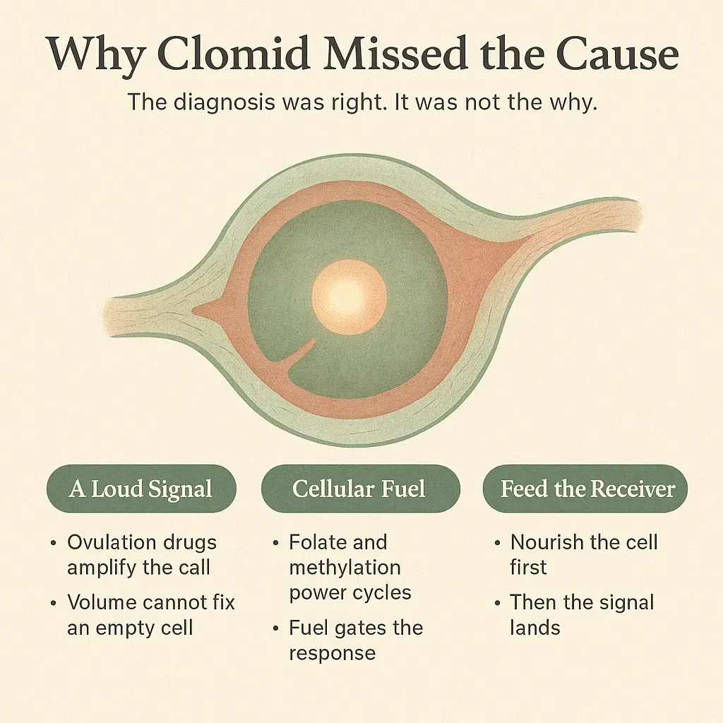 Infographic: Why Clomid Missed the Cause — a loud signal cannot fix a cell without fuel