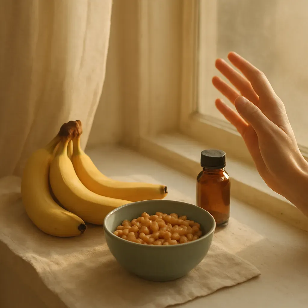 Nourishing foods and a hand reaching toward warm light — a gentle clue after loss