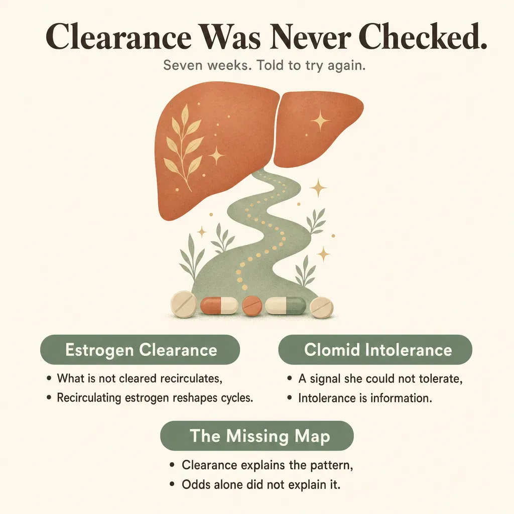 Infographic: Clearance Was Never Checked — estrogen recirculation, Clomid intolerance, the missing map