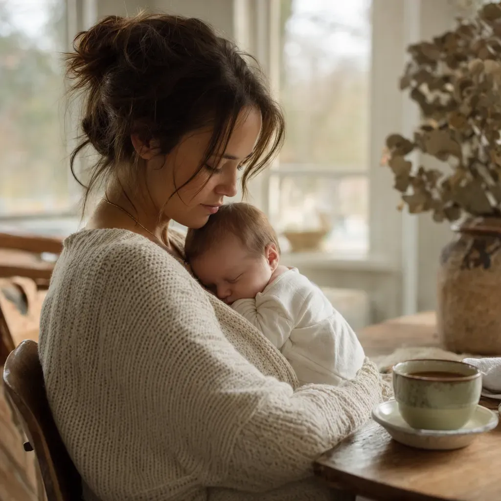 A tired but tender mother cradling her sleeping newborn in morning light