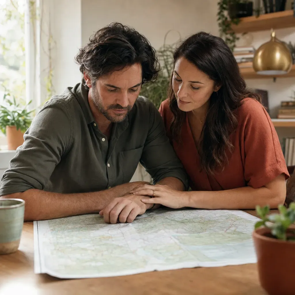 A couple leaning over one shared map, her hand over his — testing as a team