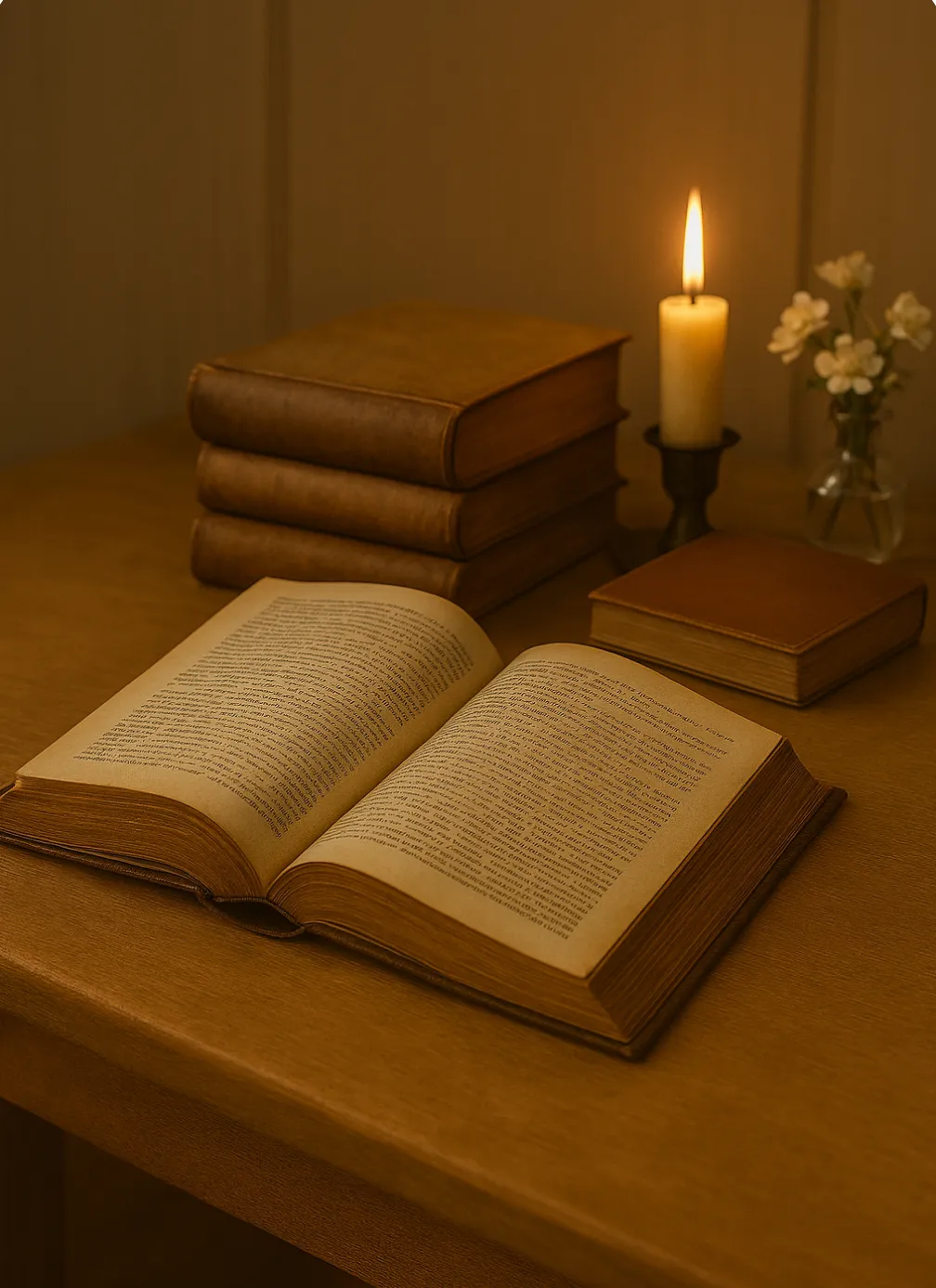 Books and candle on a desk