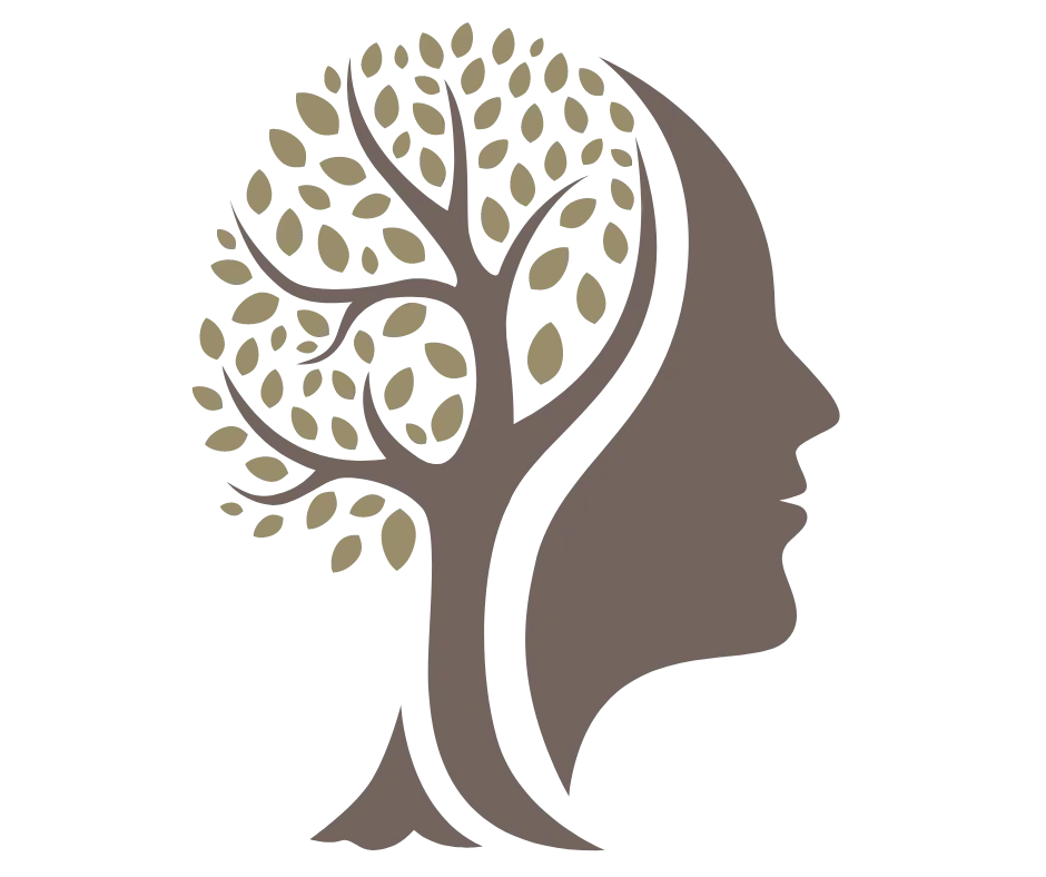 Silhouette of a human head integrated with a tree, symbolizing growth and knowledge, with branches and leaves extending outward.