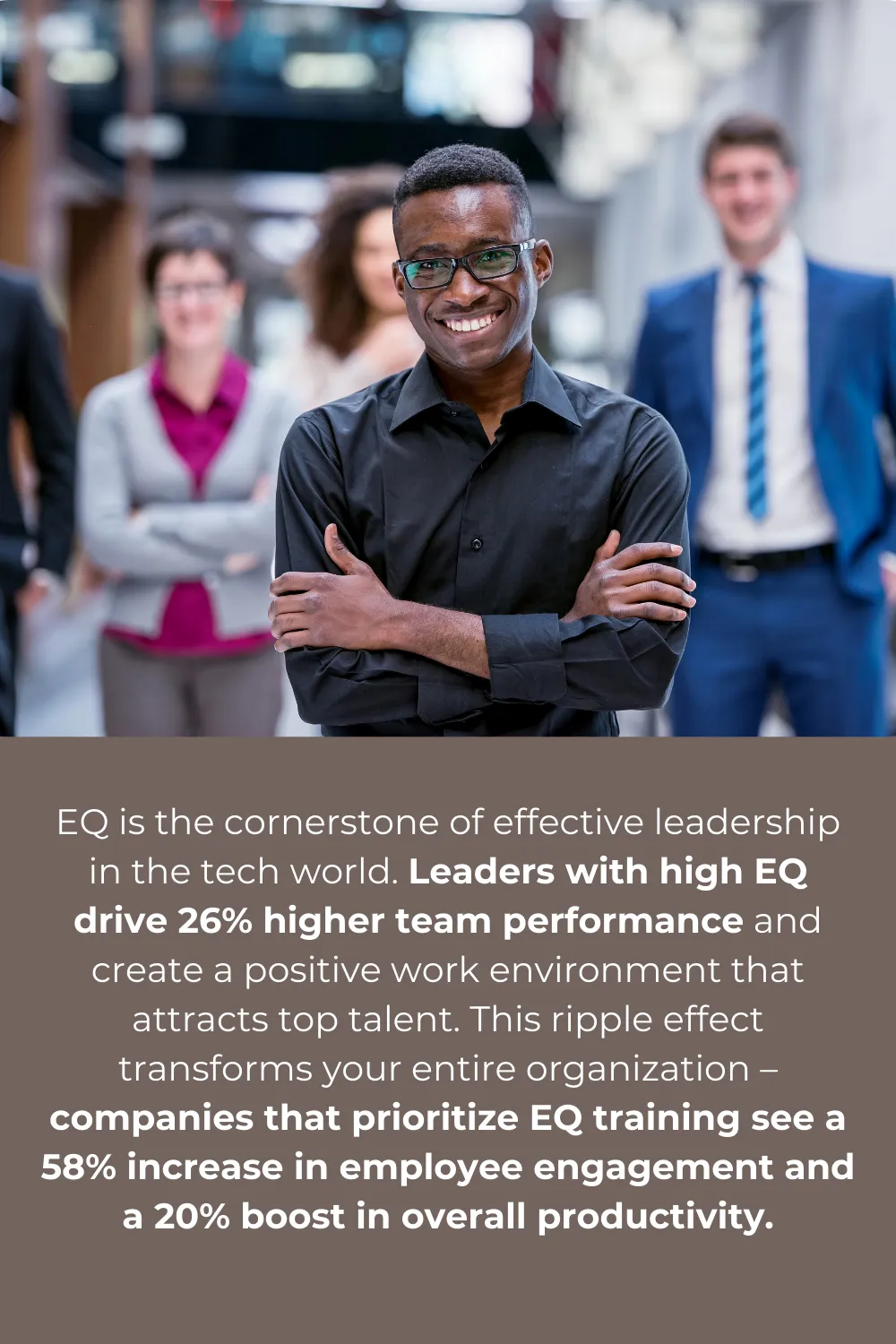 A confident leader stands in front of their diverse team, exemplifying leadership through emotional intelligence, fostering a high-performance work environment.