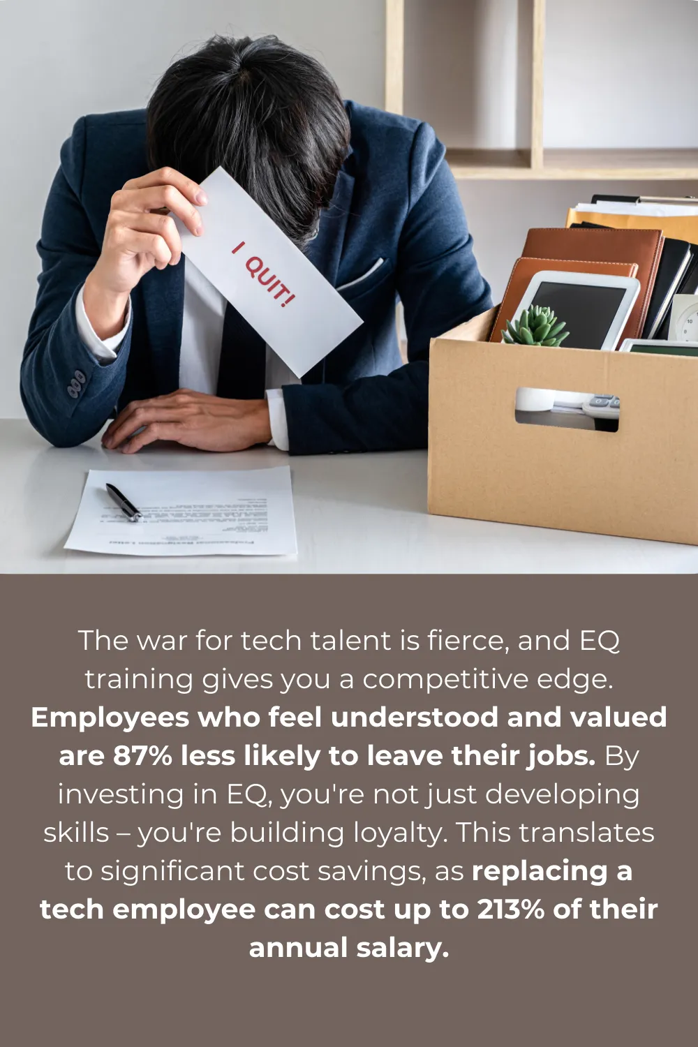 A dejected employee holding a resignation letter, symbolizing how EQ training can significantly reduce turnover by fostering loyalty and connection within the team.