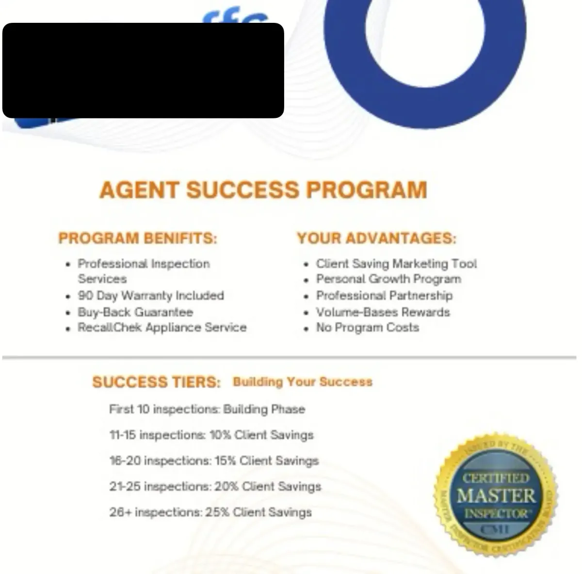 Agent Success Program overview featuring professional inspection services, warranty details, and client savings tiers for home inspectors.